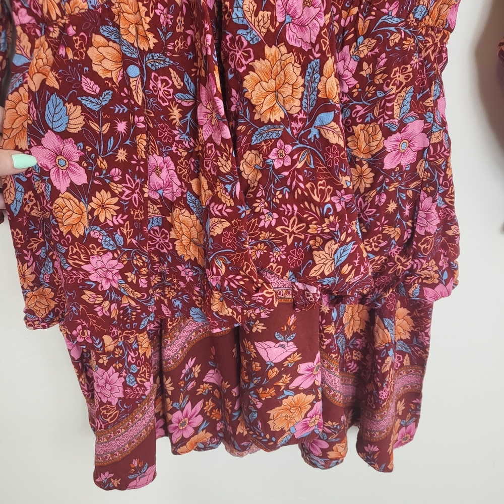 Umgee Maroon Floral Ruffle Long Sleeve Dress Small - Picture 5 of 8